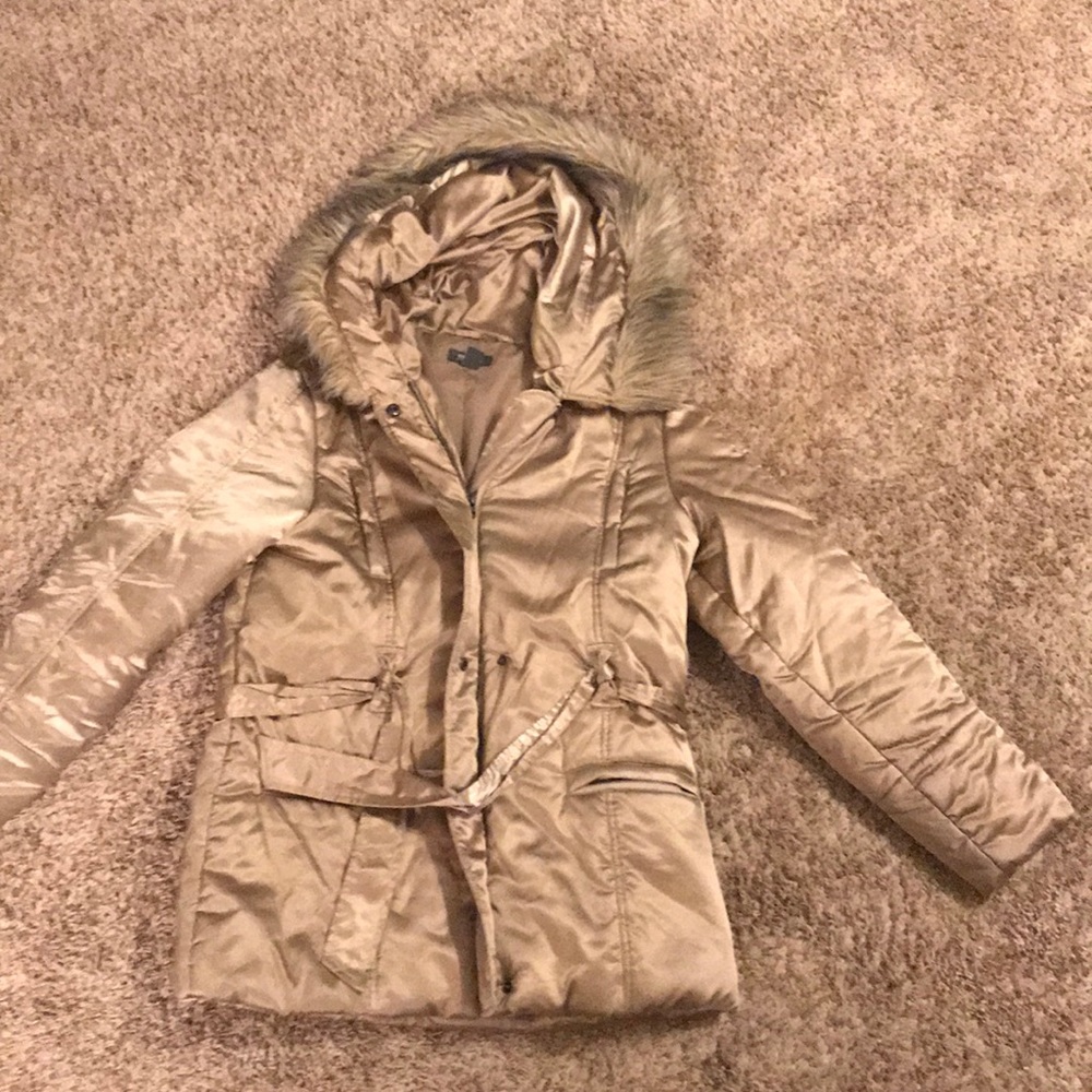 Coat hooded fur  excellent condition